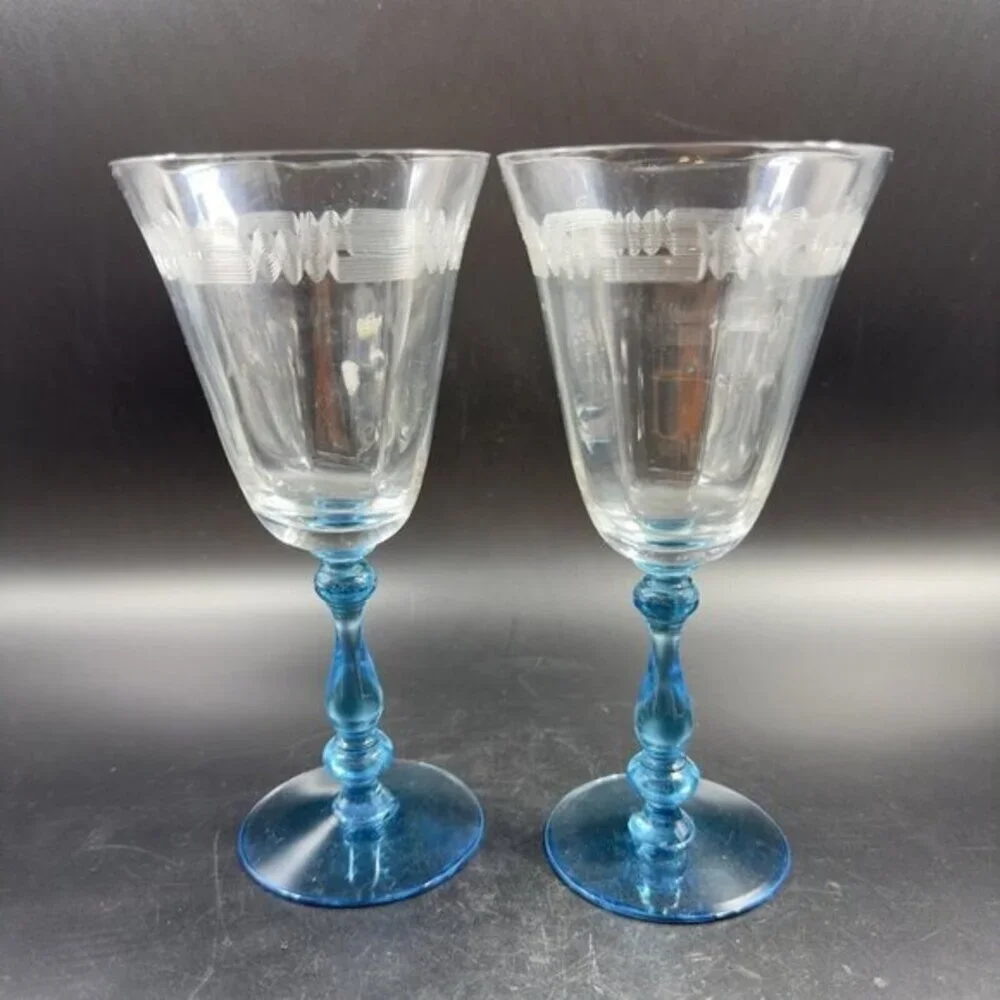 Antique Tiffin Franciscan Tall Blue Stem 2‎ Glasses Etched Manganese 365nm UV